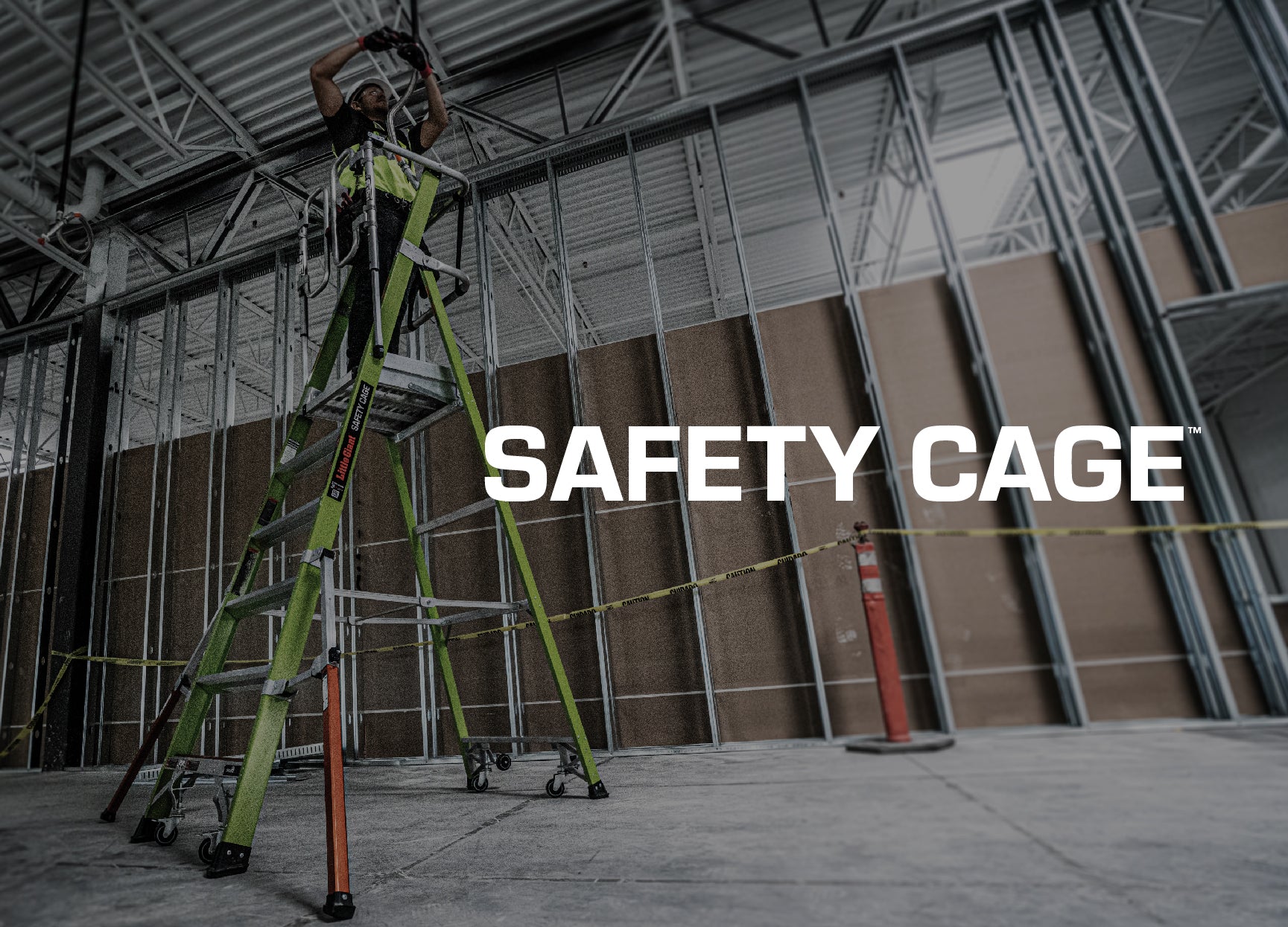 The Little Giant Ladders Safety Cage Safety cage in a warehouse