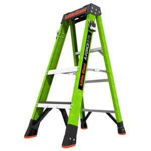 A green fiberglass A-frame step ladder with metal steps and black anti-slip feet, branded with 'Little Giant'.