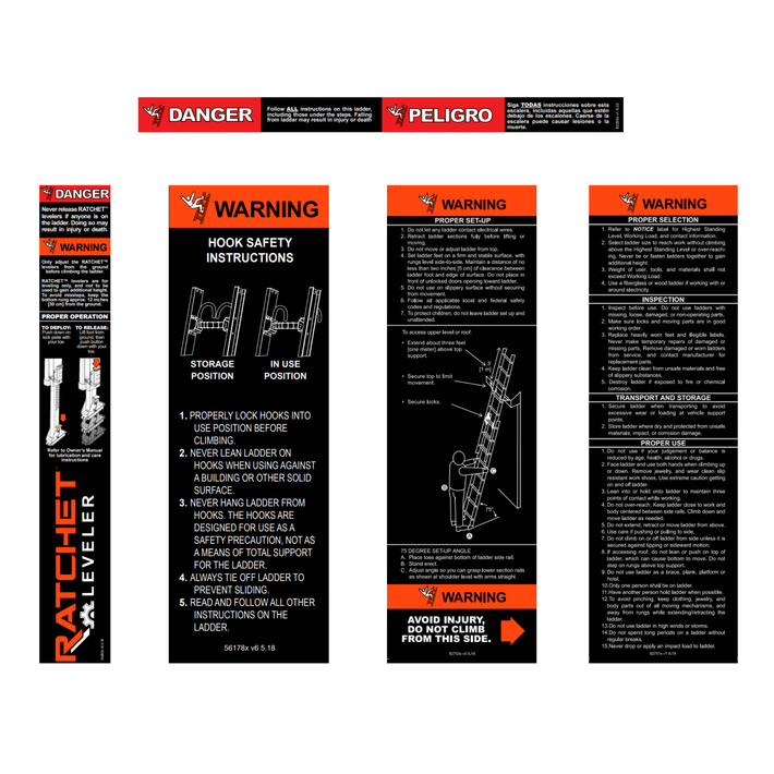 Label Kit (English/Spanish) for Fiberglass Extension Ladders