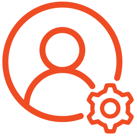 Orange outline of a person and gear icon