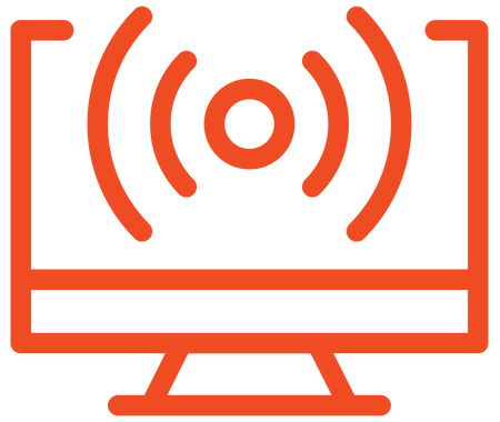 Orange computer monitor icon with sound waves on a white background
