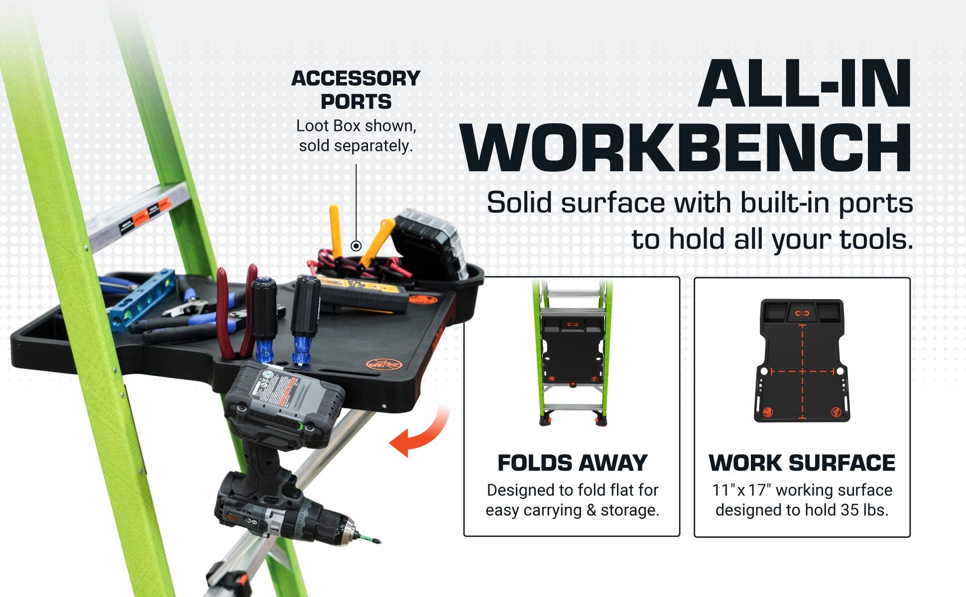 All-in workbench with tool storage and foldable design on a white background