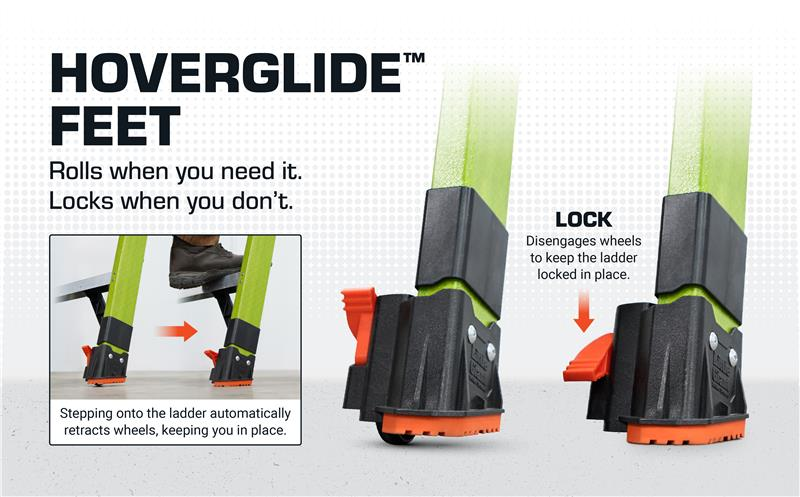 HOVERGLIDE FEET mechanism with text explaining its function on a ladder.