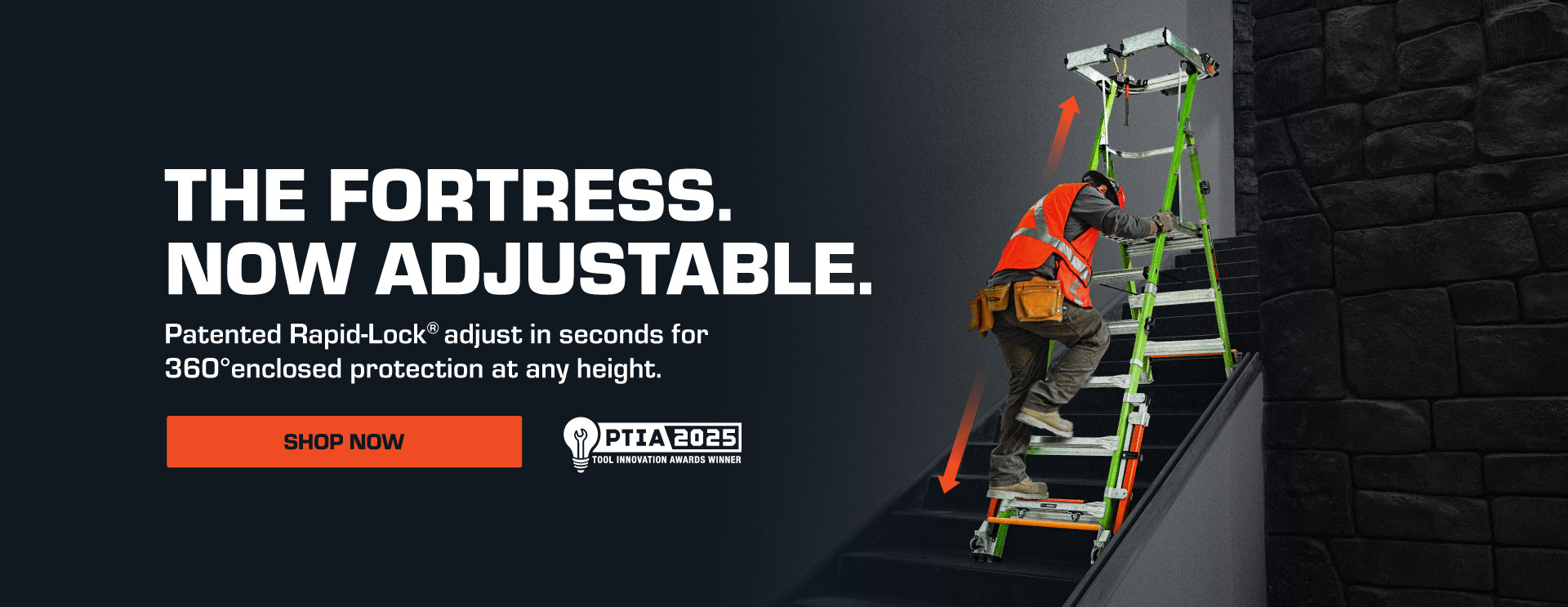 Little Giant Adjustable Fortress ladder with rapid lock against a dark background, featuring PITA 2025 (Tool Innovation Awards Winner)