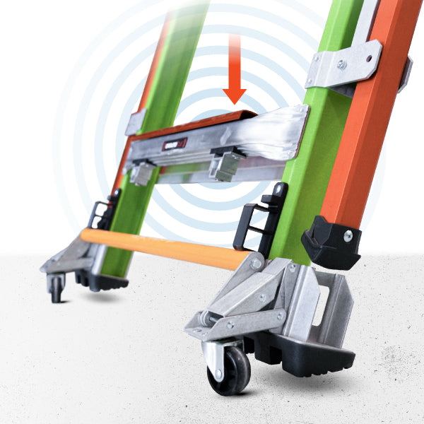 Close-up of a ladder with a focus on the feet and wheels on a white background