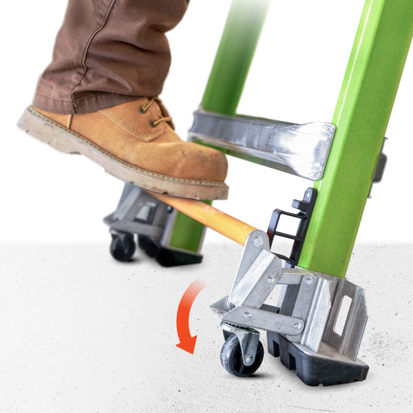 Person using a ladder with wheels on a white background