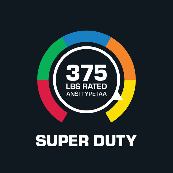 Colorful circular design with text '375 LBS RATED ANSI TYPE IAA' and 'SUPER DUTY' on a black background