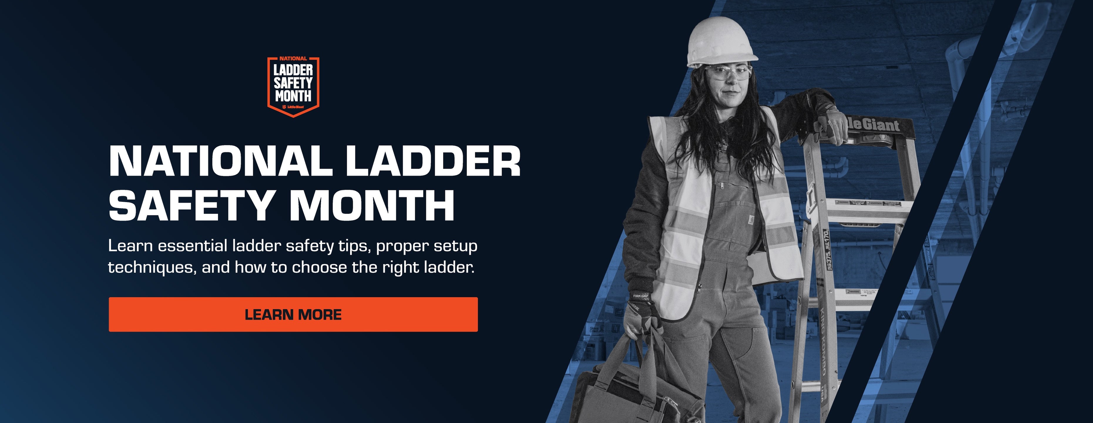 National Ladder Safety Month hero banner graphics with a person holding a Little Giant ladder on a blue background.
