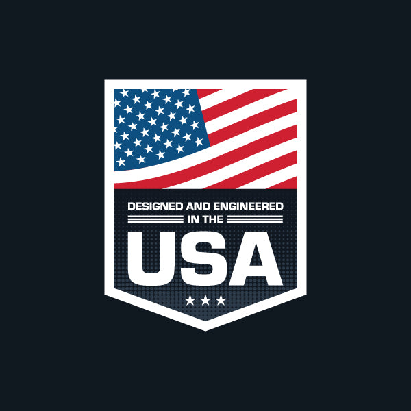 Logo with American flag and 'Designed and Engineered in the USA' text on a black background