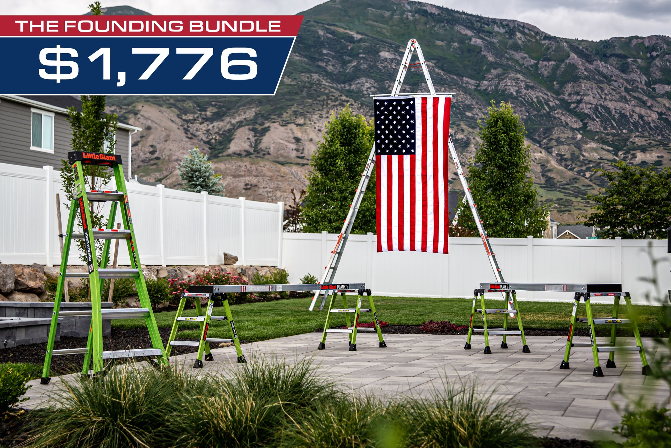 1776 Founding Bundle | King Kombo 6 foot Industrial Fibergalss ladder | 4 Sure Step stepladders | 2 8 foot planks | 17' Skyscraper ladder for $1,776