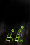 Two green Little Giant fiberglass ladders, a step stool and a King Kombo ladder, each with a “41% OFF” badge, standing in a dark building background