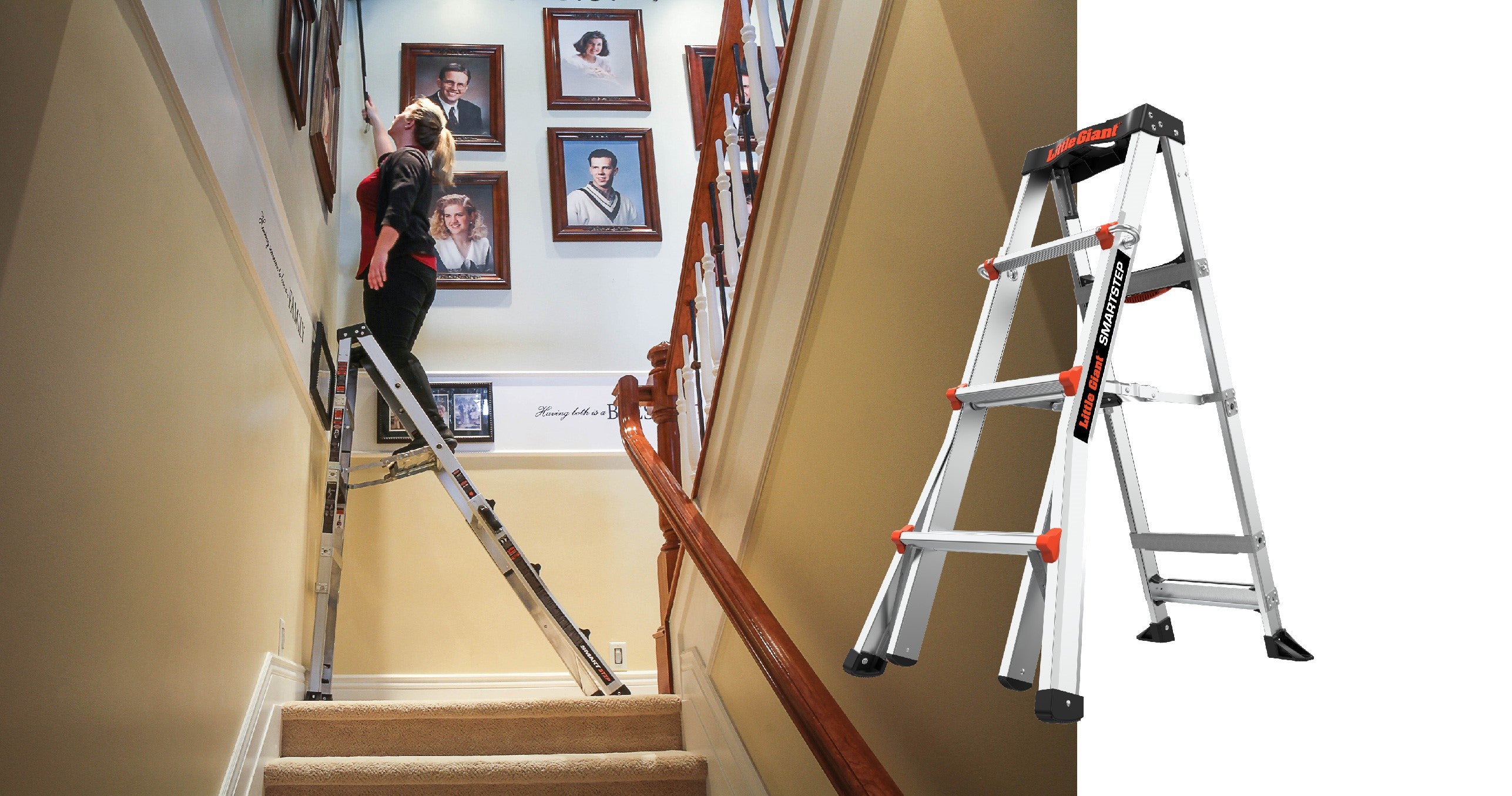 A women on a ladder cleaning walls in a house
