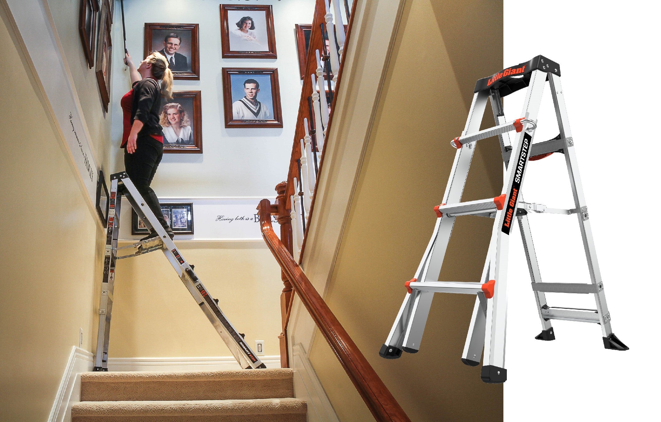 A women on a ladder cleaning walls in a house