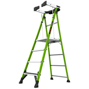 A green and silver ladder with a large platform and auto-closing gate, featuring a tool tray on top.
